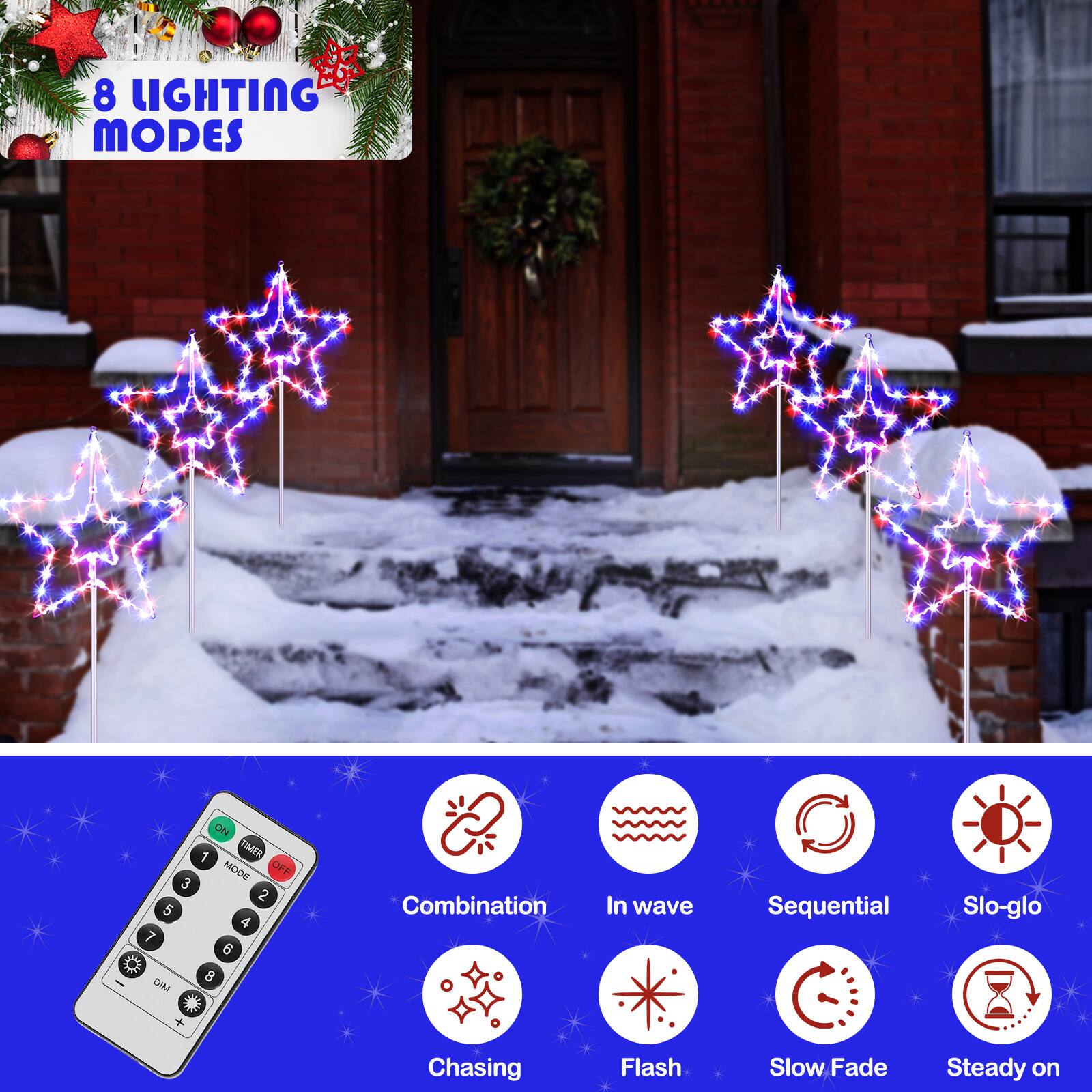8 LIGHTING MODES

1. Combination
2. In wave
3. Sequential
4. Slo-glo
5. Chasing
6. Flash
7. Slow Fade
8. Steady on