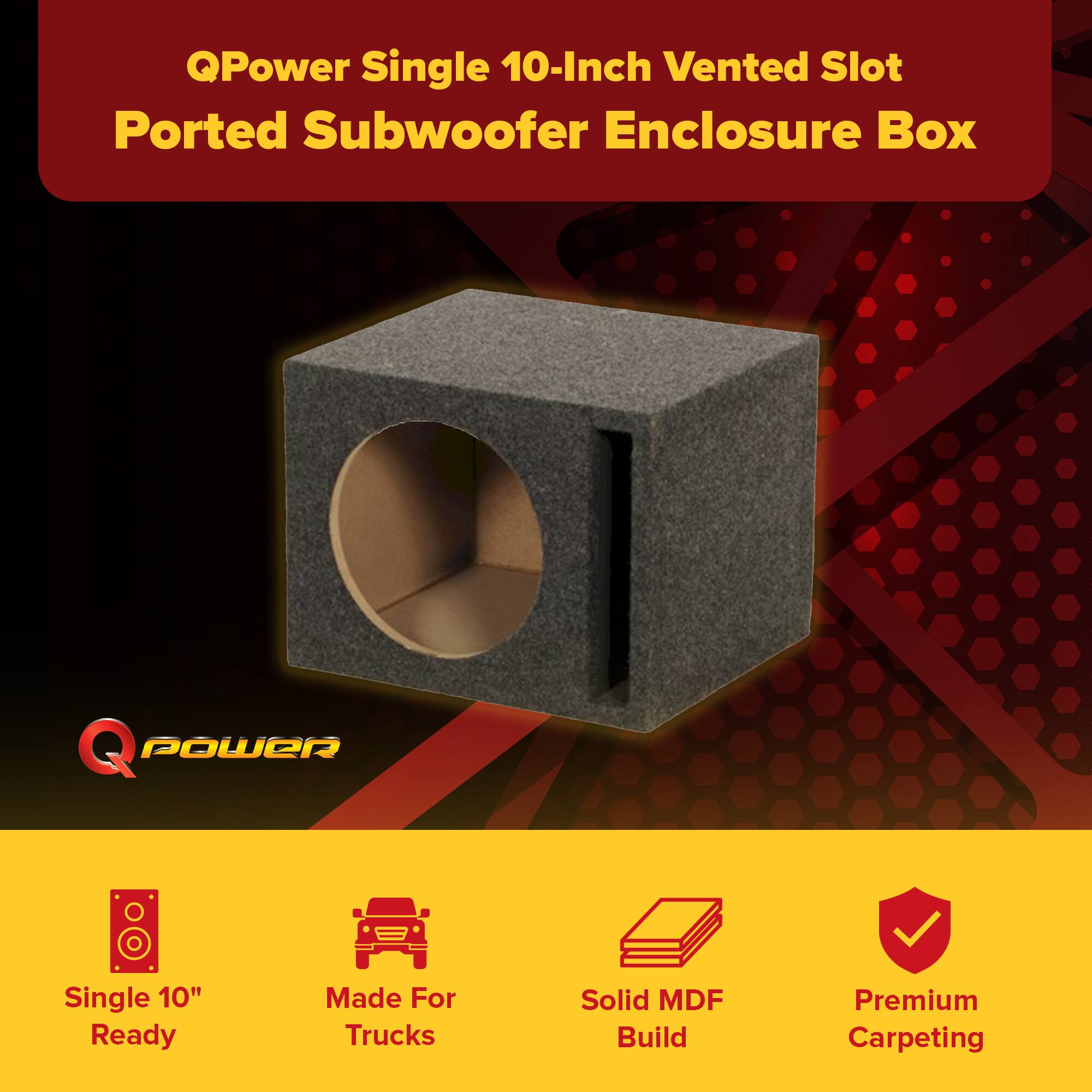 QPower Single 10-Inch Vented Slot Ported Subwoofer Enclosure Box

Q POWER Single 10" Ready Made For Trucks Solid MDF Build Premium Carpeting