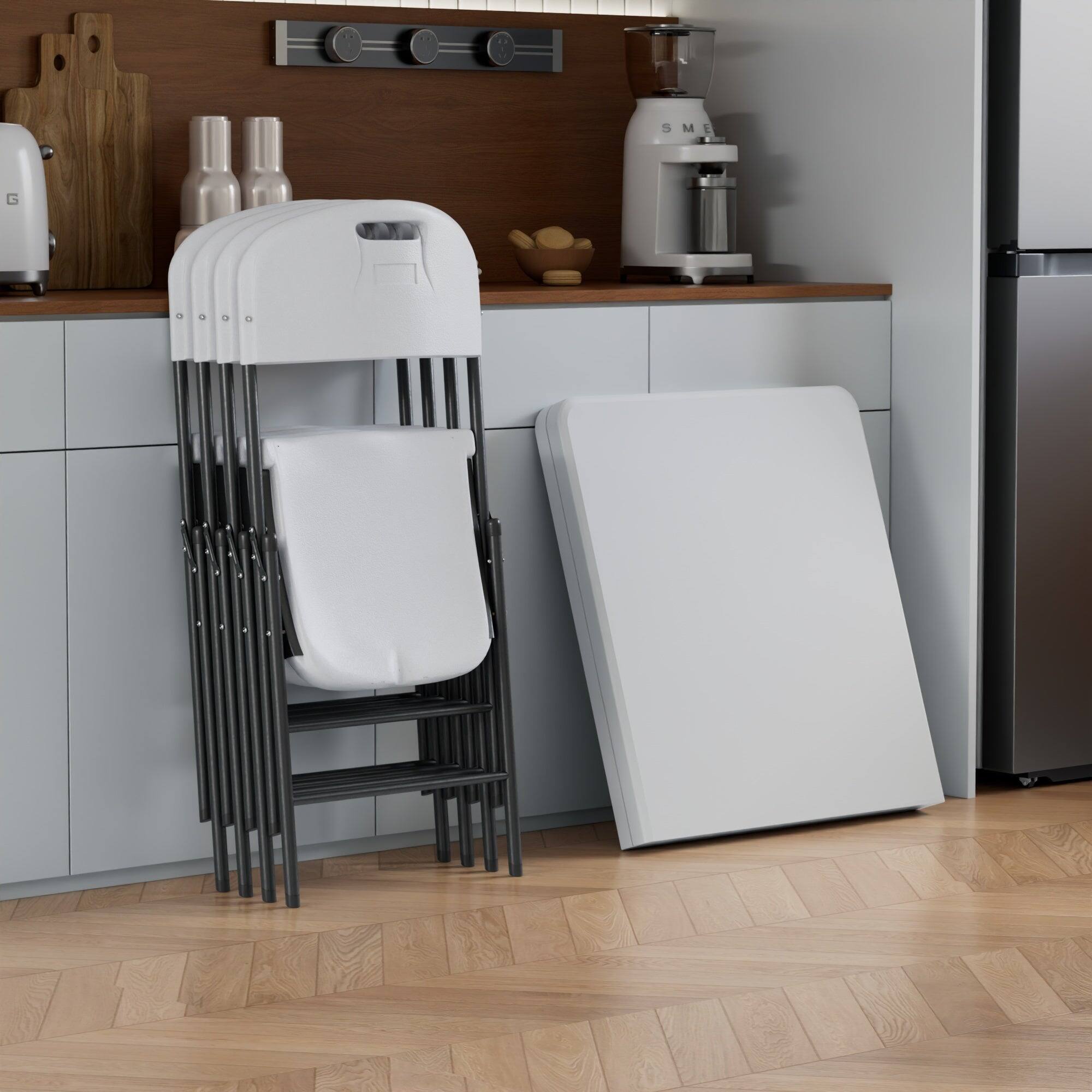 Back. Vecelo - Portable Folding Card Table and Chairs Set for 4 – HDPE Space Saving Folding Table for Indoor Outdoor Events - White.