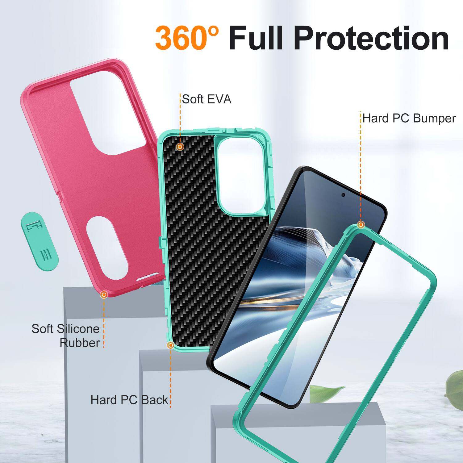 360° Full Protection

- Soft EVA
- Hard PC Bumper
- Soft Silicone Rubber
- Hard PC Back