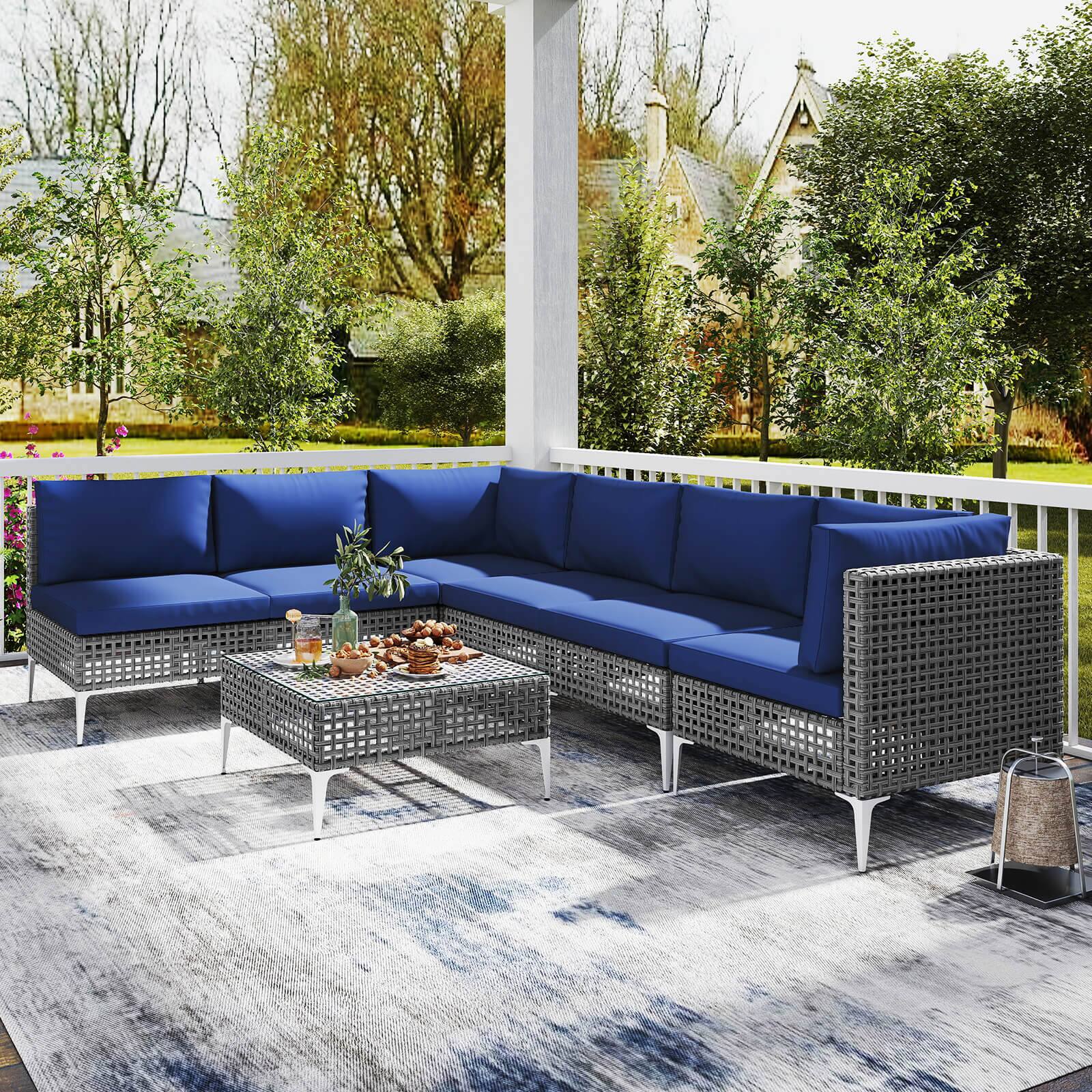 Alt View 4. Costway - Costway 7 Piece Outdoor Furniture Set with Seat & Back Cushions Tempered Glass Coffee Table - Navy.