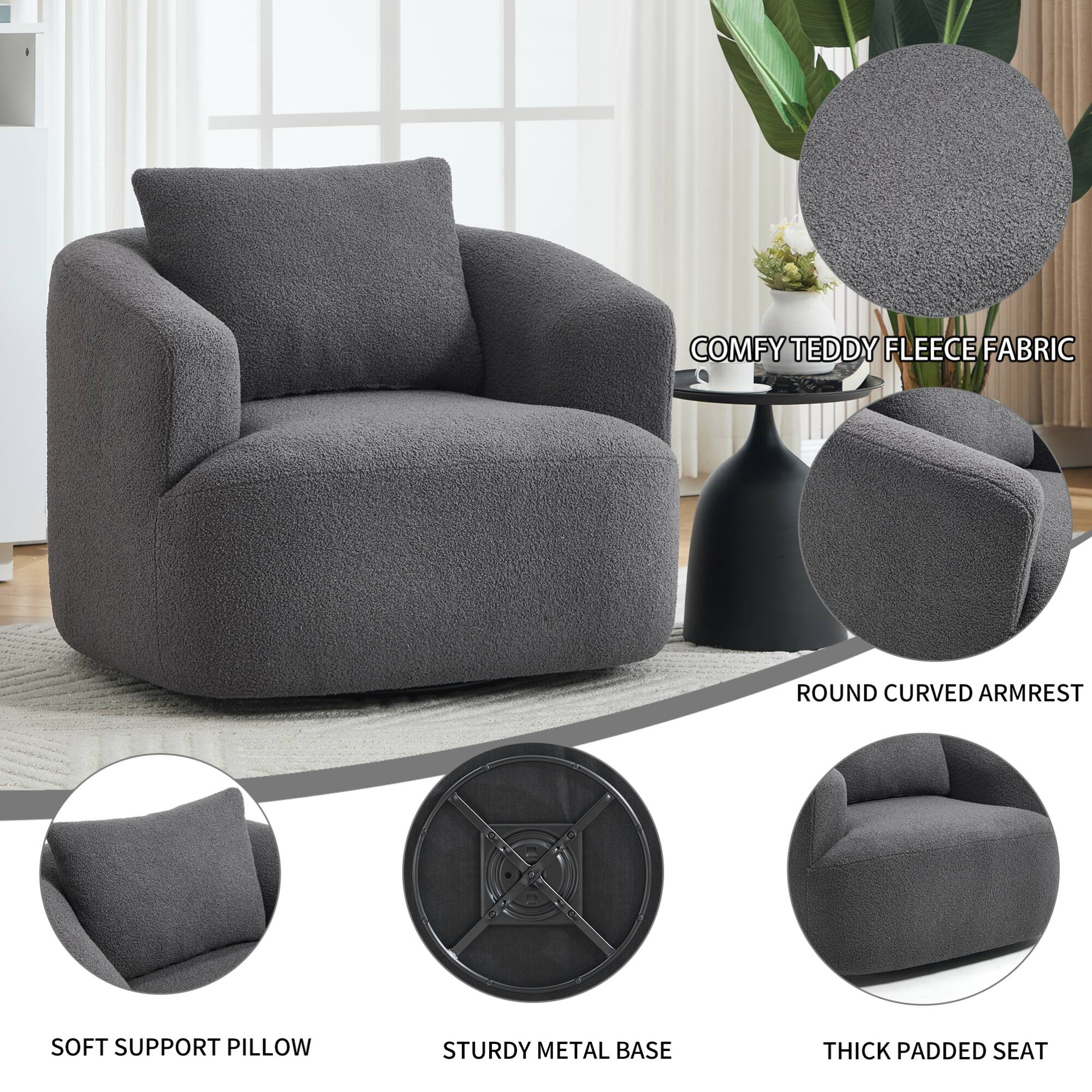 - COMFY TEDDY FLEECE FABRIC
- ROUND CURVED ARMREST
- SOFT SUPPORT PILLOW
- STURDY METAL BASE
- THICK PADDED SEAT