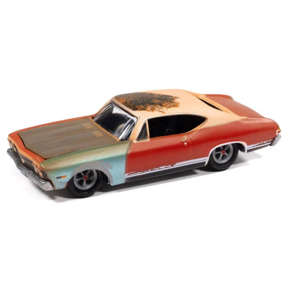 Angle. Johnny Lightning - 1968 Chevrolet Chevelle SS 396 Matador Red (Weathered) "Project in Progress" Series 1/64 - Multicolor.