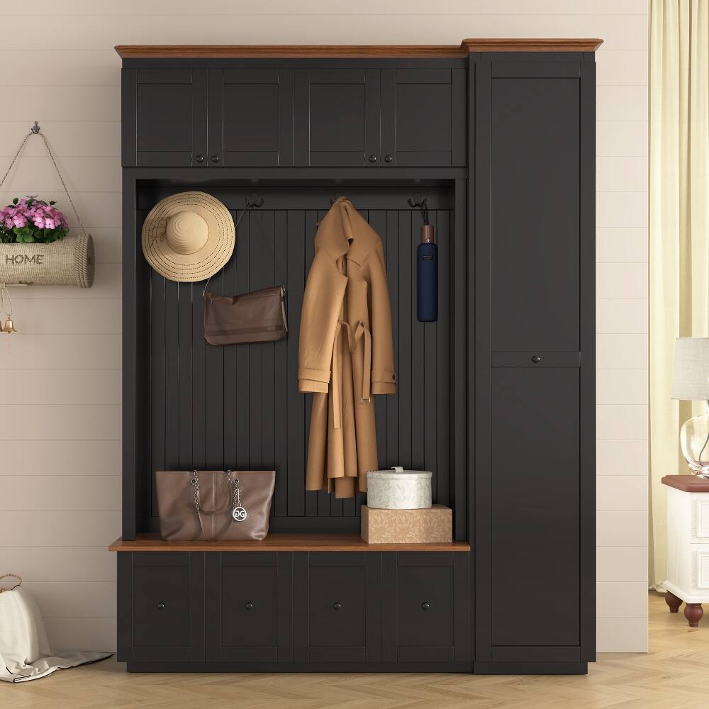 Angle. Loheer - Loheer 78.7 inch tall entryway hall tree, farmhouse coat rack shoe bench with cabinets - Black.