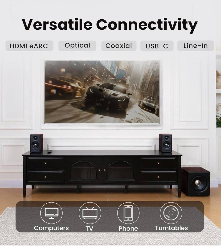 Versatile Connectivity

- HDMI eARC
- Optical
- Coaxial
- USB-C
- Line-In

Computers, TV, Phone, Turntables