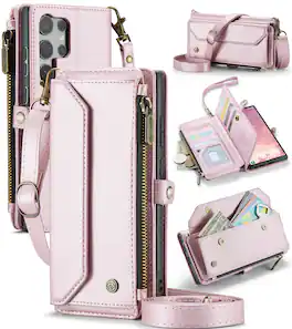 Dteck - Crossbody Wallet Case for Samsung Galaxy S25 Ultra with Card Slots and Zipper Pocket, RFID Blocking PU Leather Cover - Pink