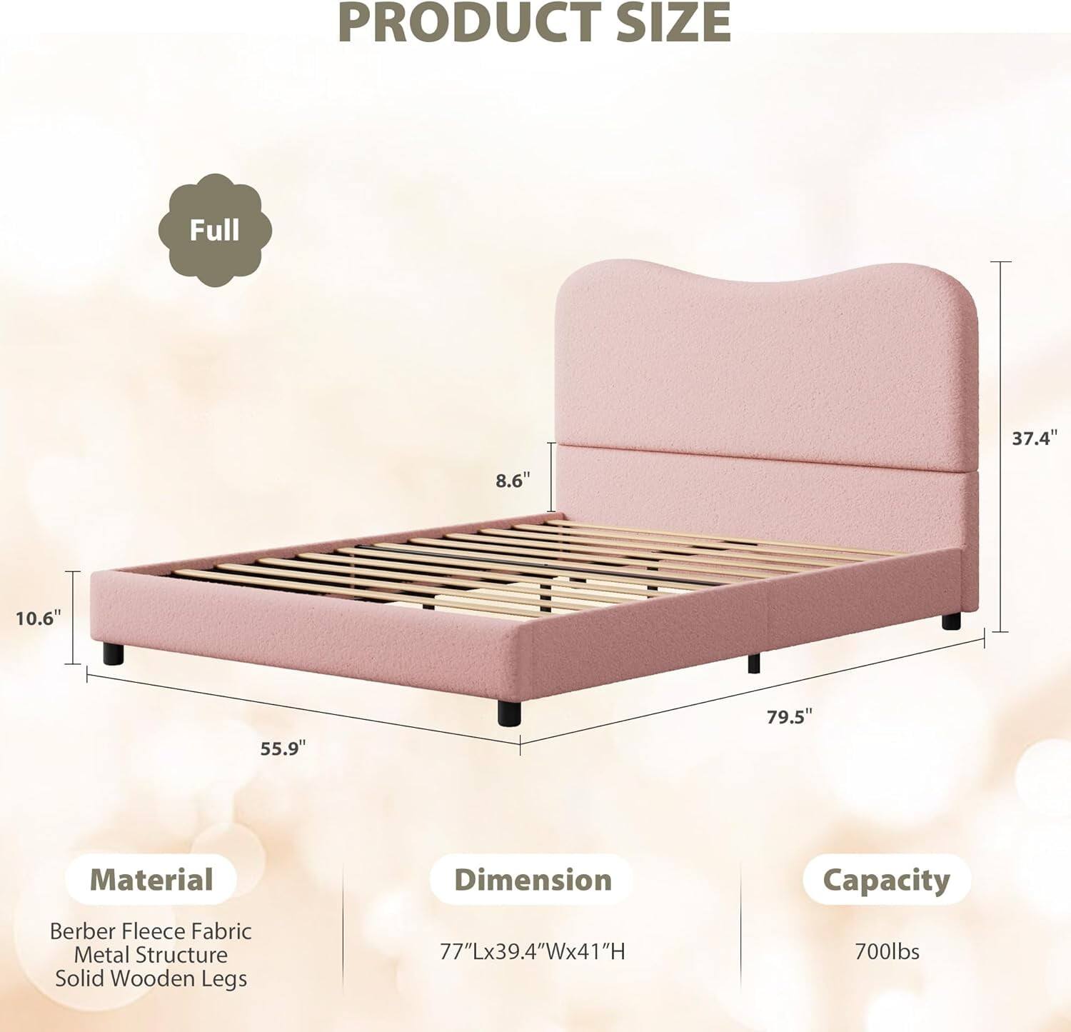 **PRODUCT SIZE**

- **Full**

- **Material**
  - Berber Fleece Fabric
  - Metal Structure
  - Solid Wooden Legs

- **Dimension**
  - 77"L x 39.4"W x 41"H

- **Capacity**
  - 700lbs

- **Dimensions**
  - 37.4" (Height)
  - 8.6" (Headboard Height)
  - 10.6" (Leg Height)
  - 55.9" (Width)
  - 79.5" (Length)
