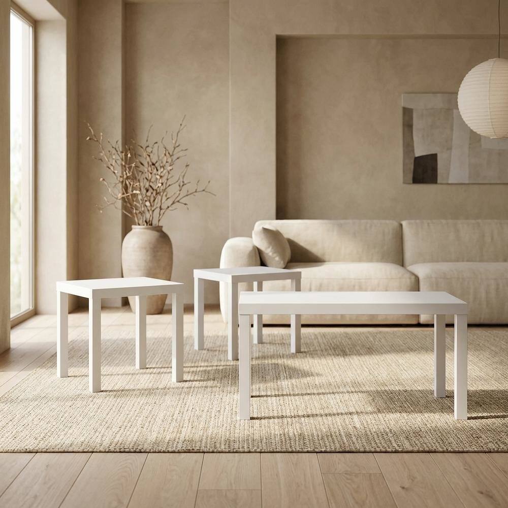 Left. FurniFact - White Rectangle Coffee Table with 2 Side Tables - White.