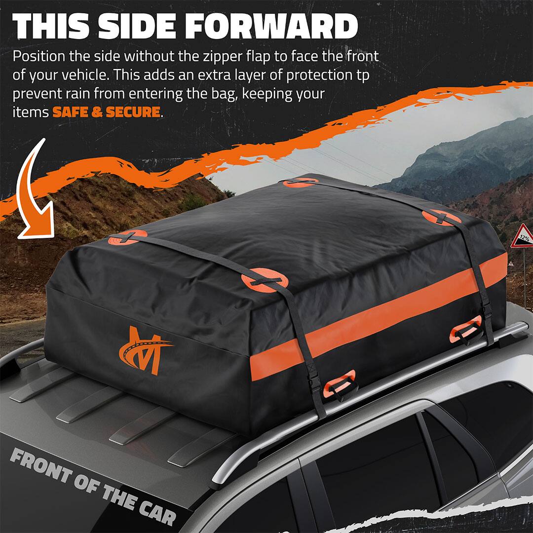 THIS SIDE FORWARD  
Position the side without the zipper flap to face the front of your vehicle. This adds an extra layer of protection to prevent rain from entering the bag, keeping your items SAFE & SECURE.  

FRONT OF THE CAR