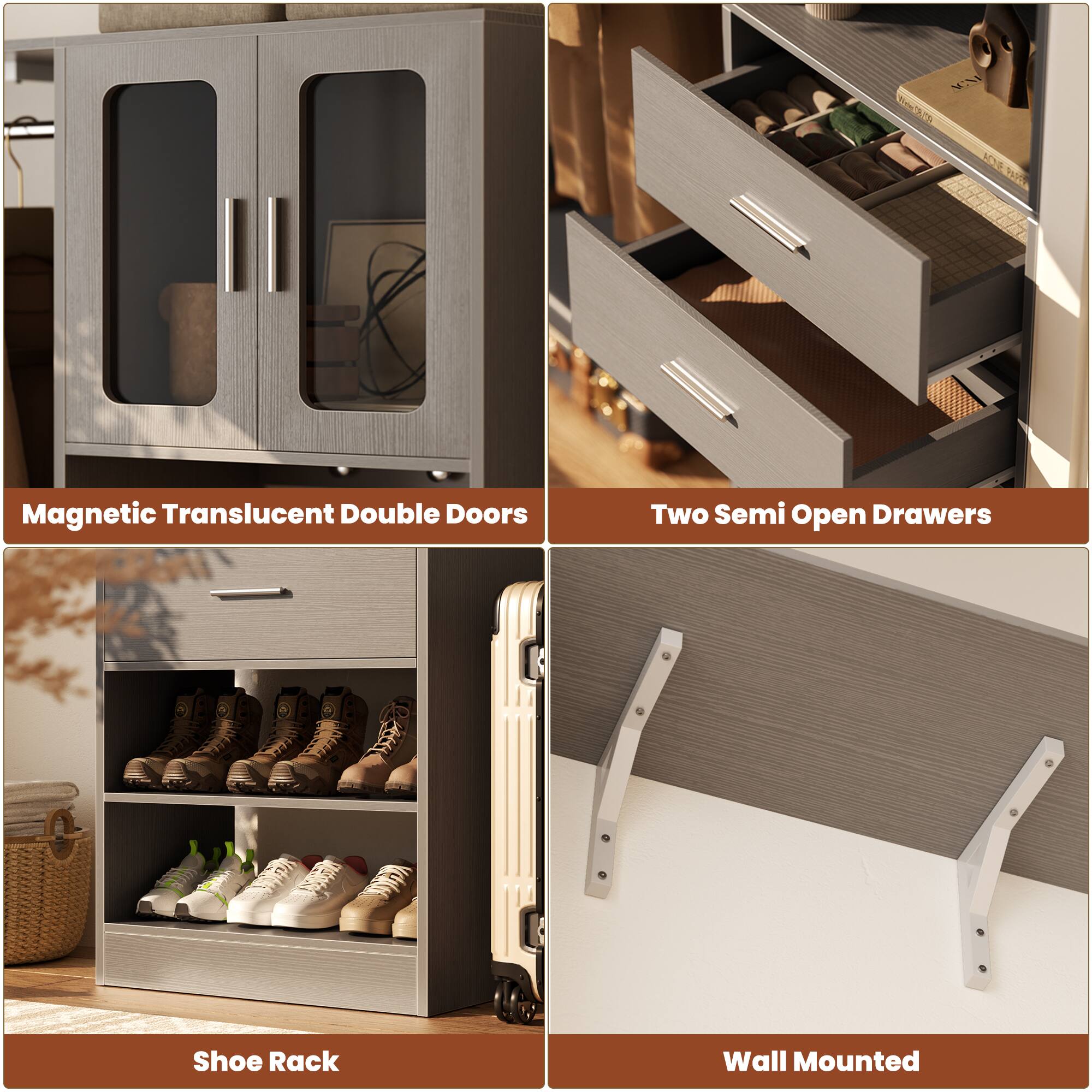 - Magnetic Translucent Double Doors
- Two Semi Open Drawers
- Shoe Rack
- Wall Mounted