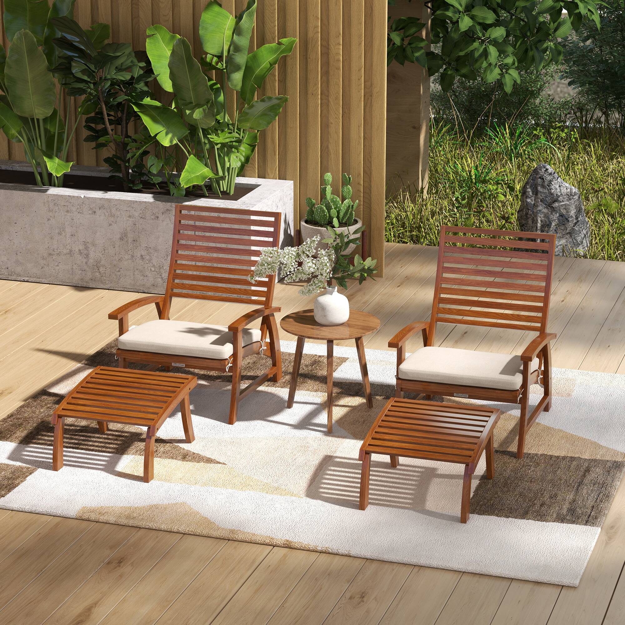 Alt View 1. Outsunny - 4 Piece Patio Furniture Set, 2 Chairs with Footstools, Outdoor Chair Set for 2 - Teak.