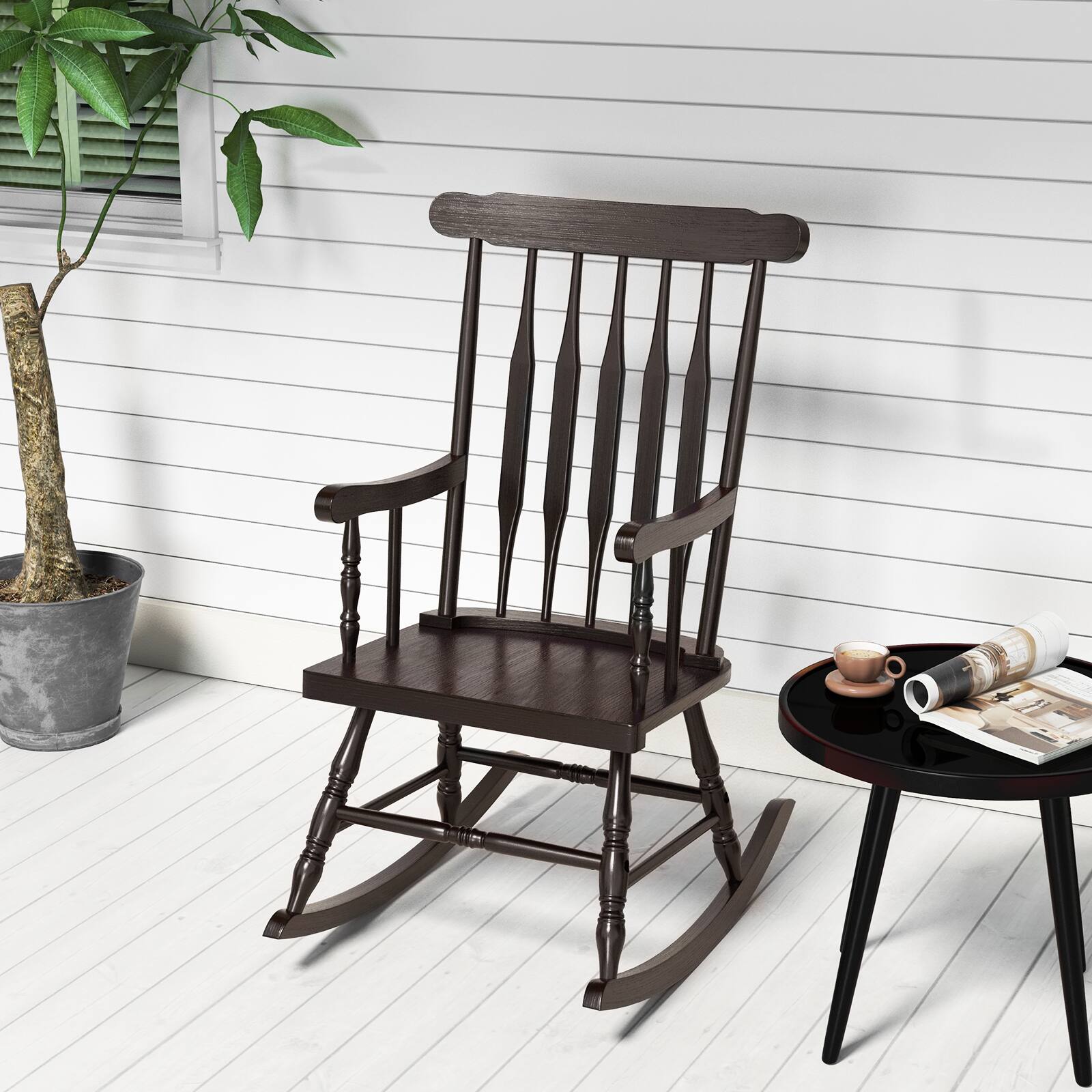 Alt View 4. Costway - Costway Set of 2 Wood Rocking Chair Porch Rocker Indoor Outdoor Seat Glossy Finish - Coffee.