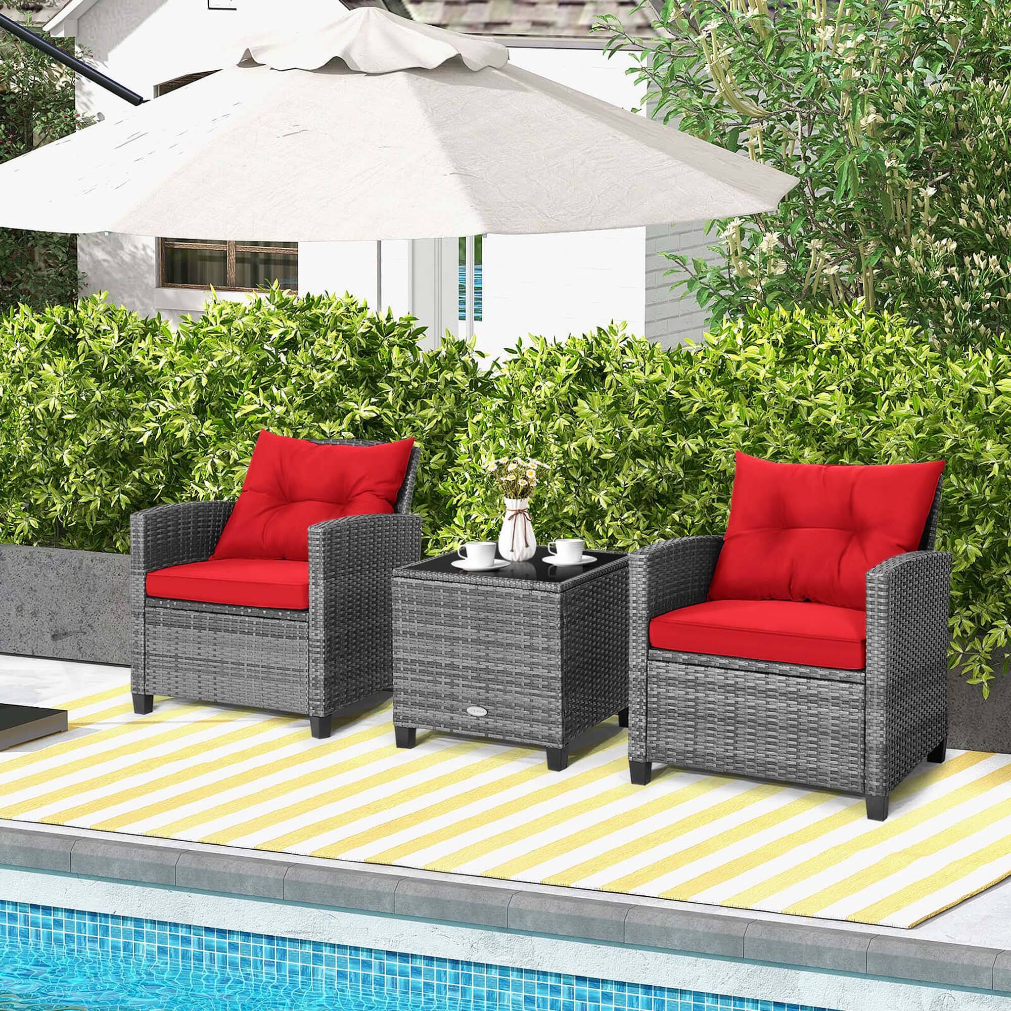 Alt View 7. Costway - 3 PCS Patio Rattan Furniture Bistro Set Cushioned Sofas Side Table Armrest - Grey + Red.