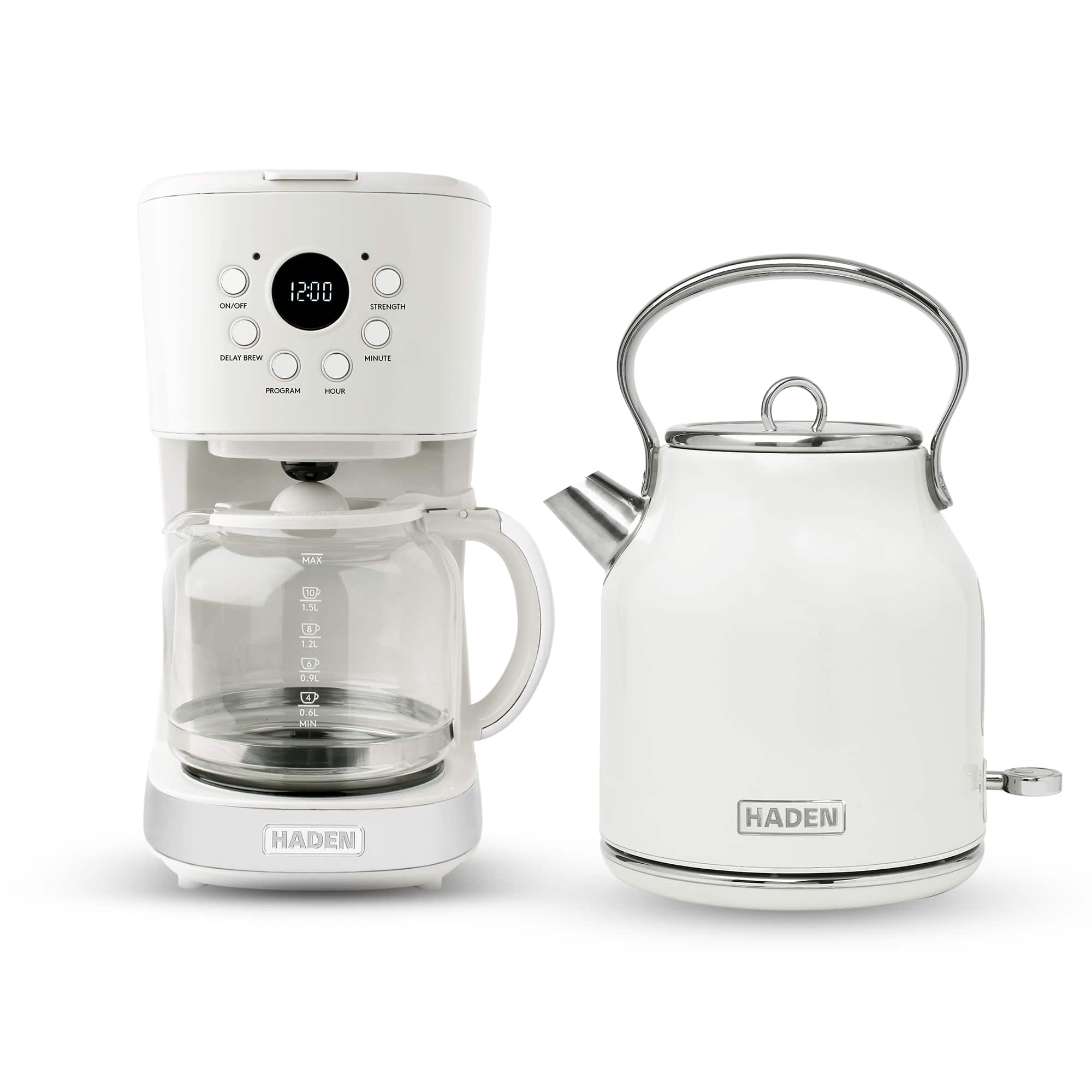 Haden - 12 Cup Coffee Maker & Heritage 1.7 Liter Electric Kettle, Chrome - Ivory