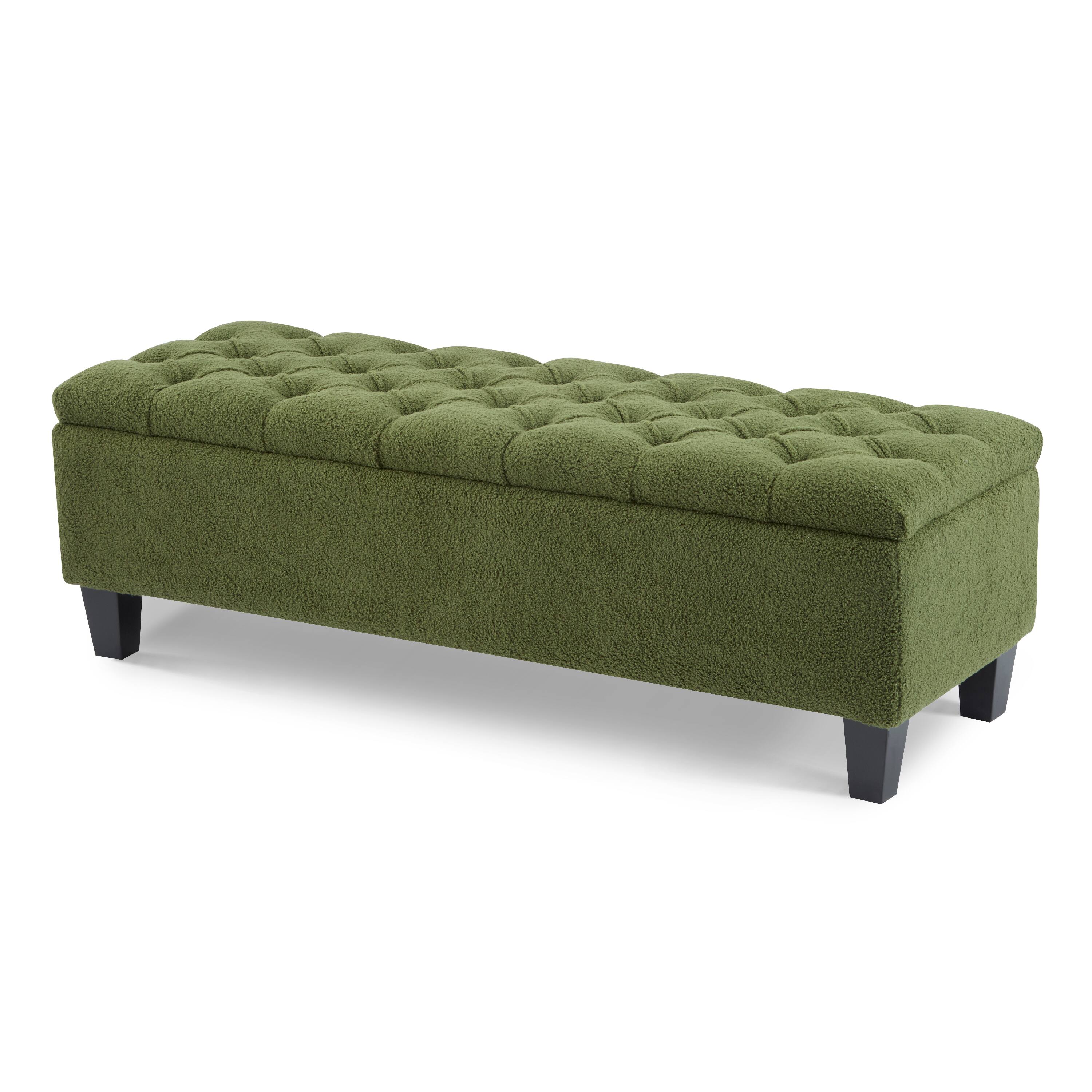 Angle. Loheer - Boucle Storage Ottoman Bench with Hidden Compartment and Solid Rubber Wood Legs, 300 lbs Capacity - Green.