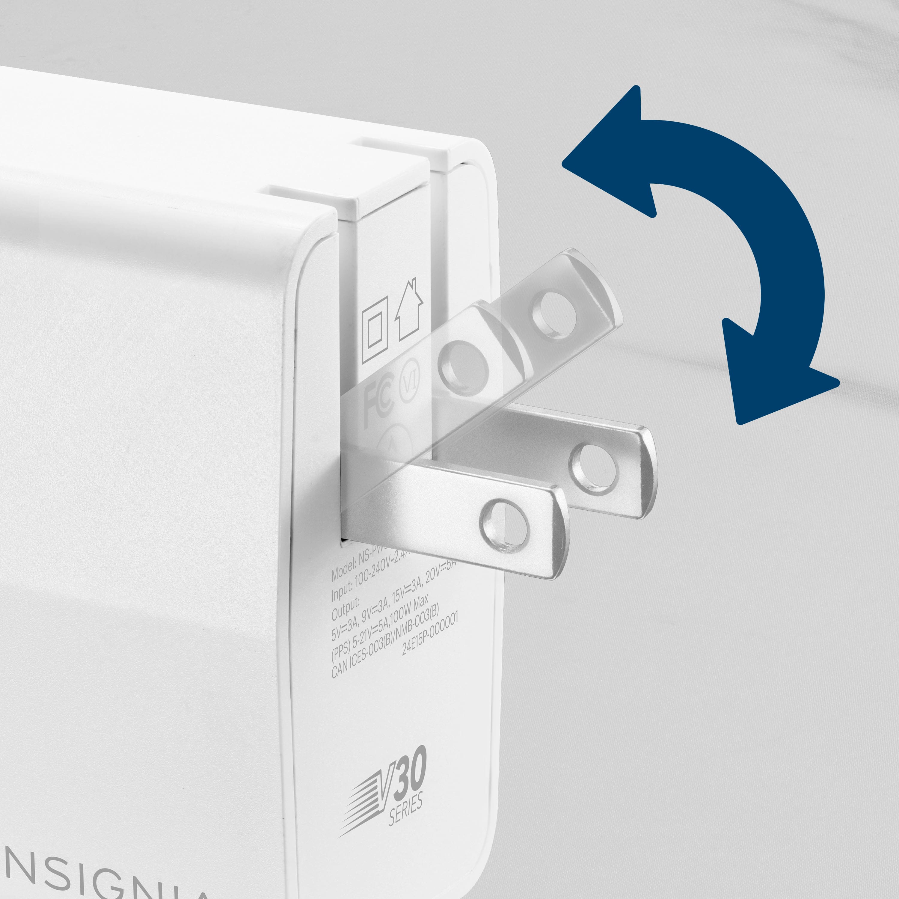 The text on the image reads "NS-P 2 Modes 100-240V 200 Inout 1 Max Outout 5-21V=5A,100W 0038 24E15P-000001 (FRS) S CAN NSIGN 30 SERIES." This text is describing a power supply, specifically the NS-P 30 Series, which has two modes and can operate between 100-240V. It has a maximum input of 1 and a maximum output of 5-21V, with a power rating of 100W. The text also includes the model number 24E15P-000001 (FRS) and the company name "NSIGN."