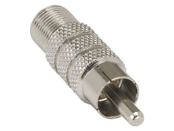 Front. Cable Leader - F-Type Male to RCA Female Adapter, 75-Ohm, RF Coaxial, Fully Molded - Silver.