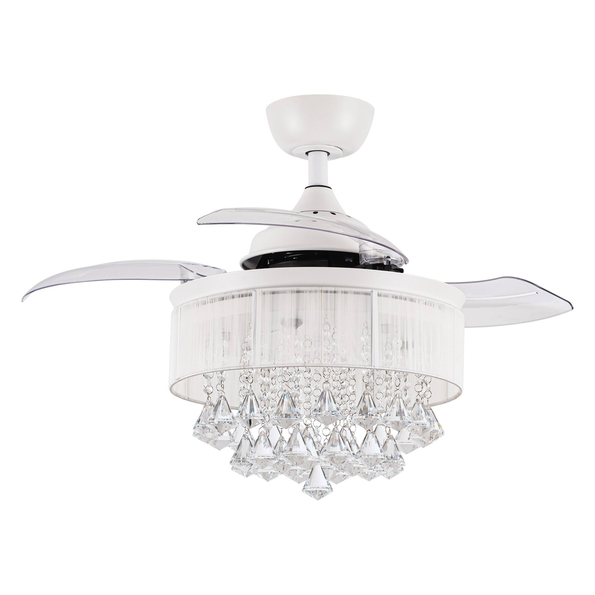 Alt View 2. Parrot Uncle - 36" White Retractable 3-blade Crystal Ceiling Fan Chandelier with Remote - Matte White.