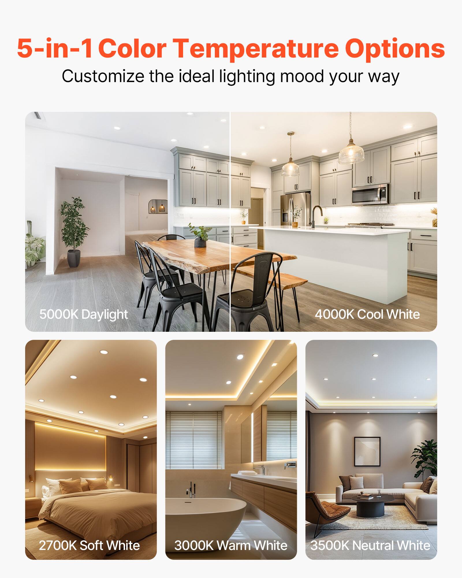 5-in-1 Color Temperature Options  
Customize the ideal lighting mood your way  

5000K Daylight  
4000K Cool White  
2700K Soft White  
3000K Warm White  
3500K Neutral White