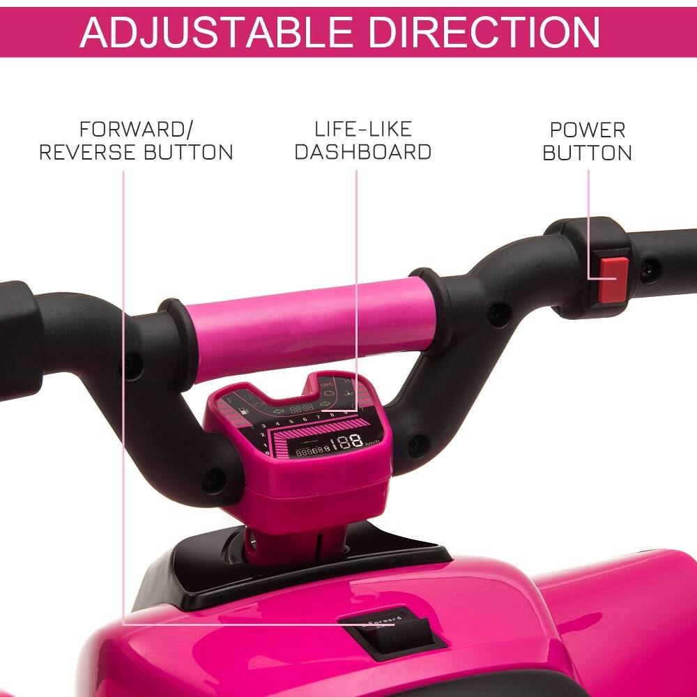 ADJUSTABLE DIRECTION

FORWARD/ REVERSE BUTTON

LIFE-LIKE DASHBOARD

POWER BUTTON