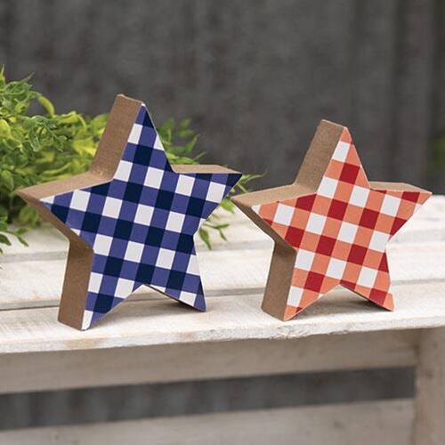 Angle. BreeBe - 2/Set Blue & Red Plaid Wooden Stars - Blue, Red.