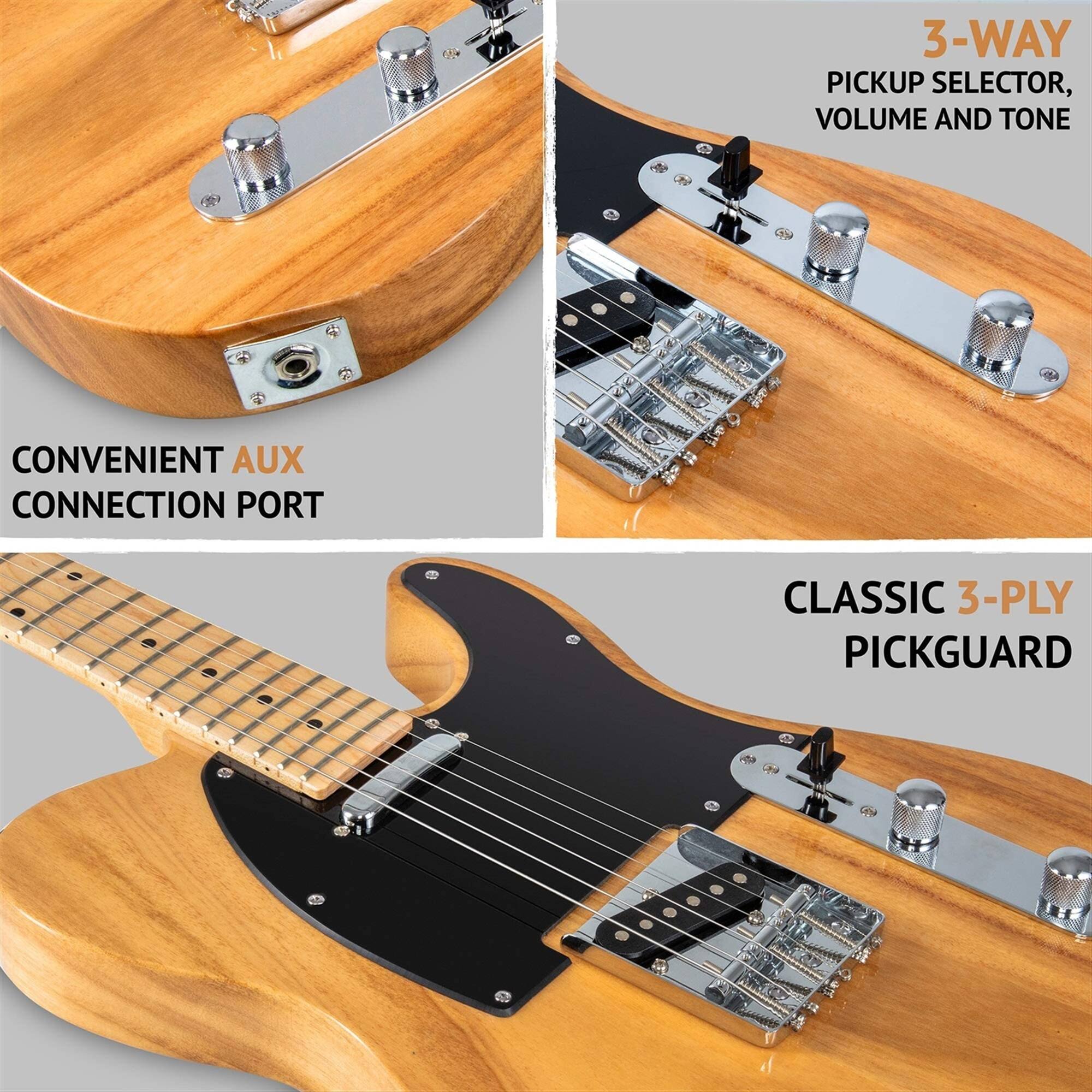 3-WAY PICKUP SELECTOR, VOLUME AND TONE, CONVENIENT AUX CONNECTION PORT, CLASSIC 3-PLY PICKGUARD