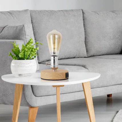 Front. Oumilen - Wooden Base Edison Table Lamp with USB Ports – Minimalist Industrial Desk Lamp with Rotary Switch.