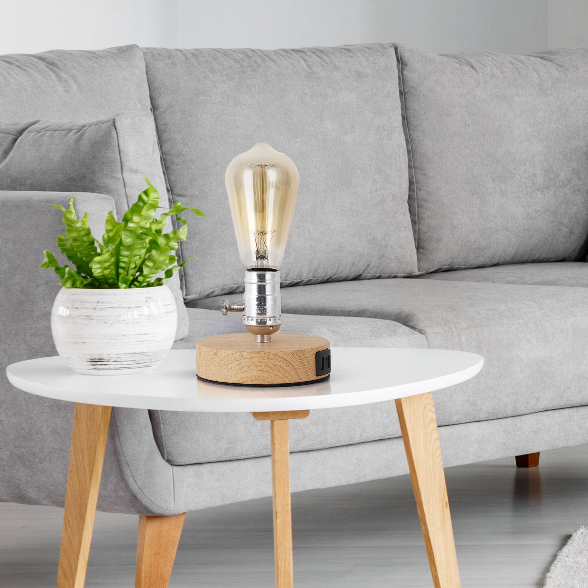 Front. Oumilen - Wooden Base Edison Table Lamp with USB Ports – Minimalist Industrial Desk Lamp with Rotary Switch.