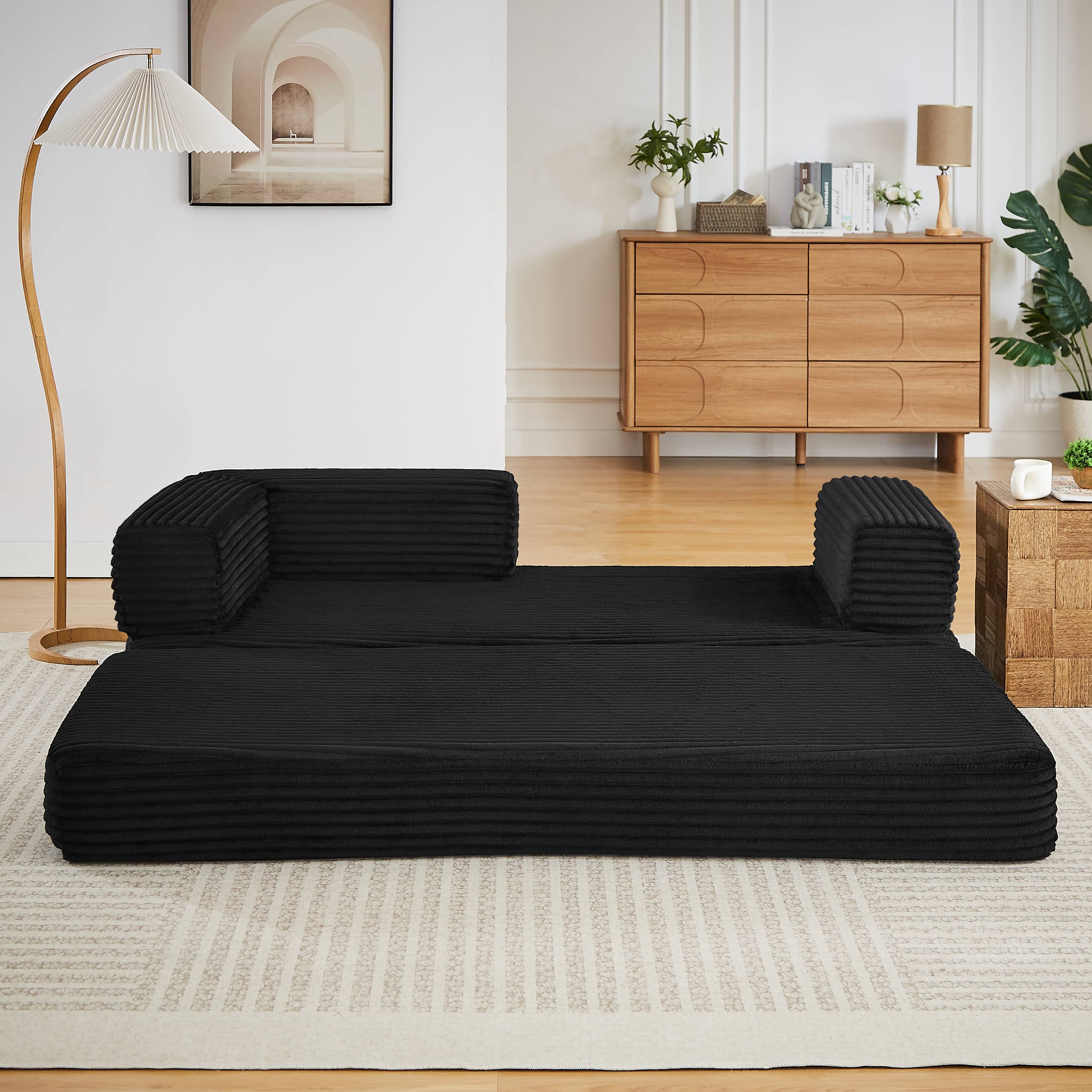 Anysun - Modern Modular Classic Color Scheme Corduroy Fabric Boneless Loveseat Sofa, No Assembly - Black