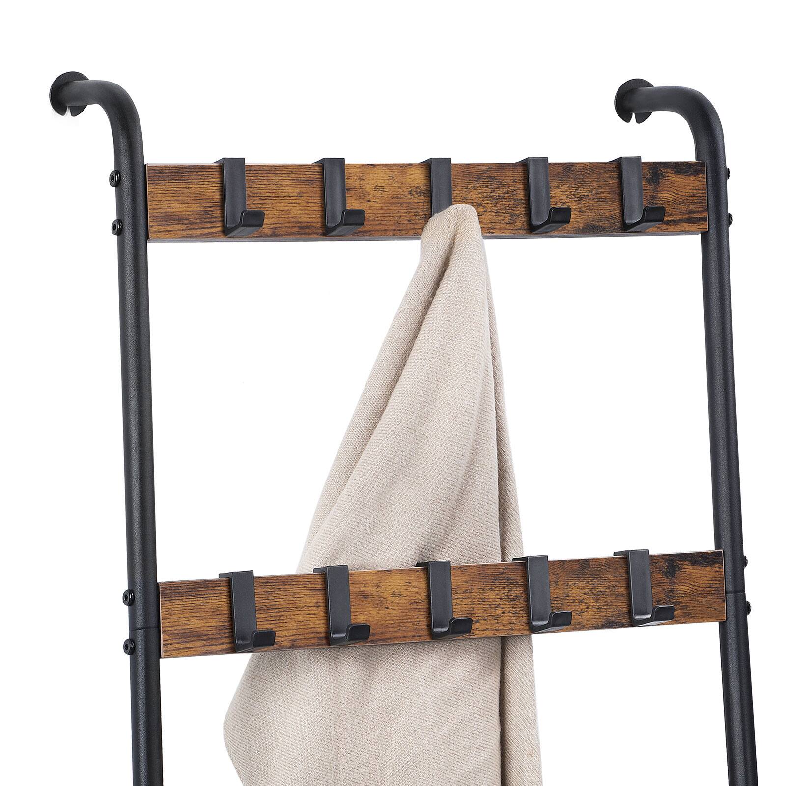 Left. Oumilen - Industrial Ladder Towel Rack with Hooks, 5-Tier Rustic Wood and Metal Blanket Display Stand for Bathroom Living Room - Brown.
