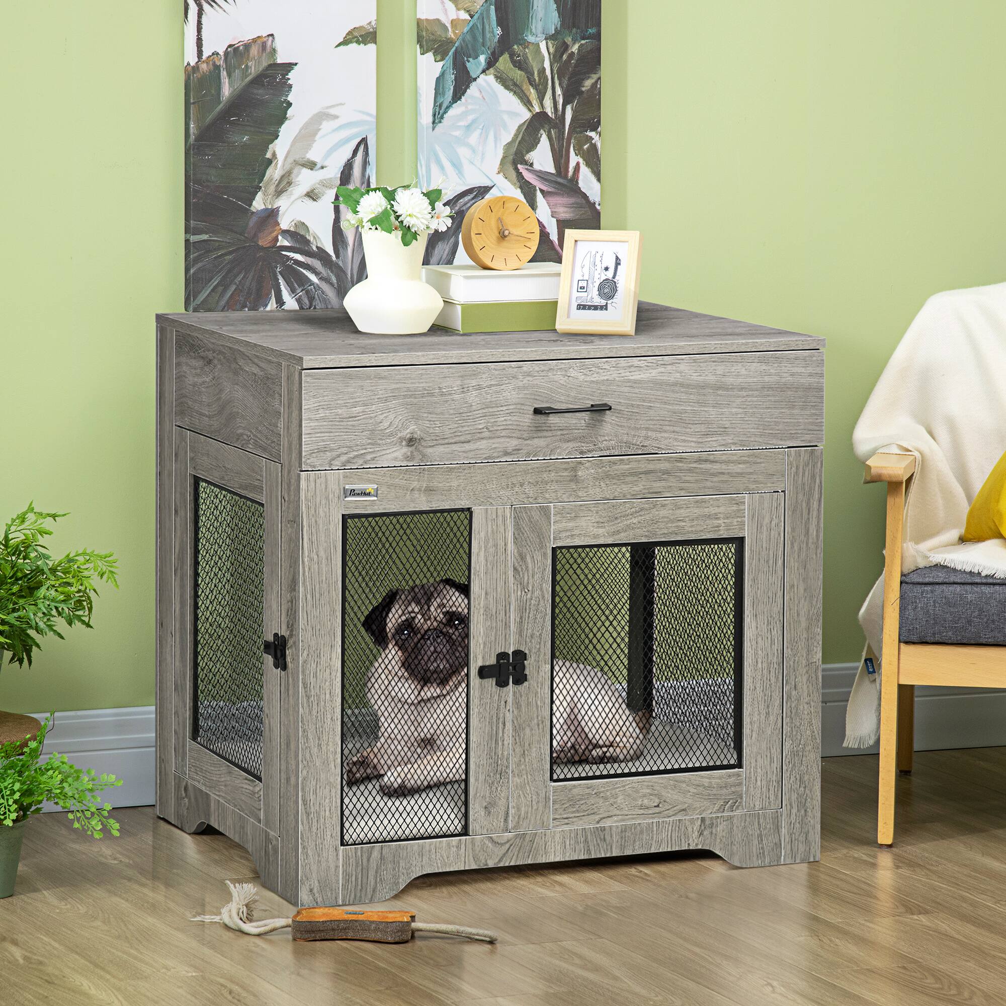 Alt View 5. Siljoy - Dog Crate End Table with Washable Cushion & Drawer, 2‑Door Kennel for Medium Dogs up to 44 lbs.