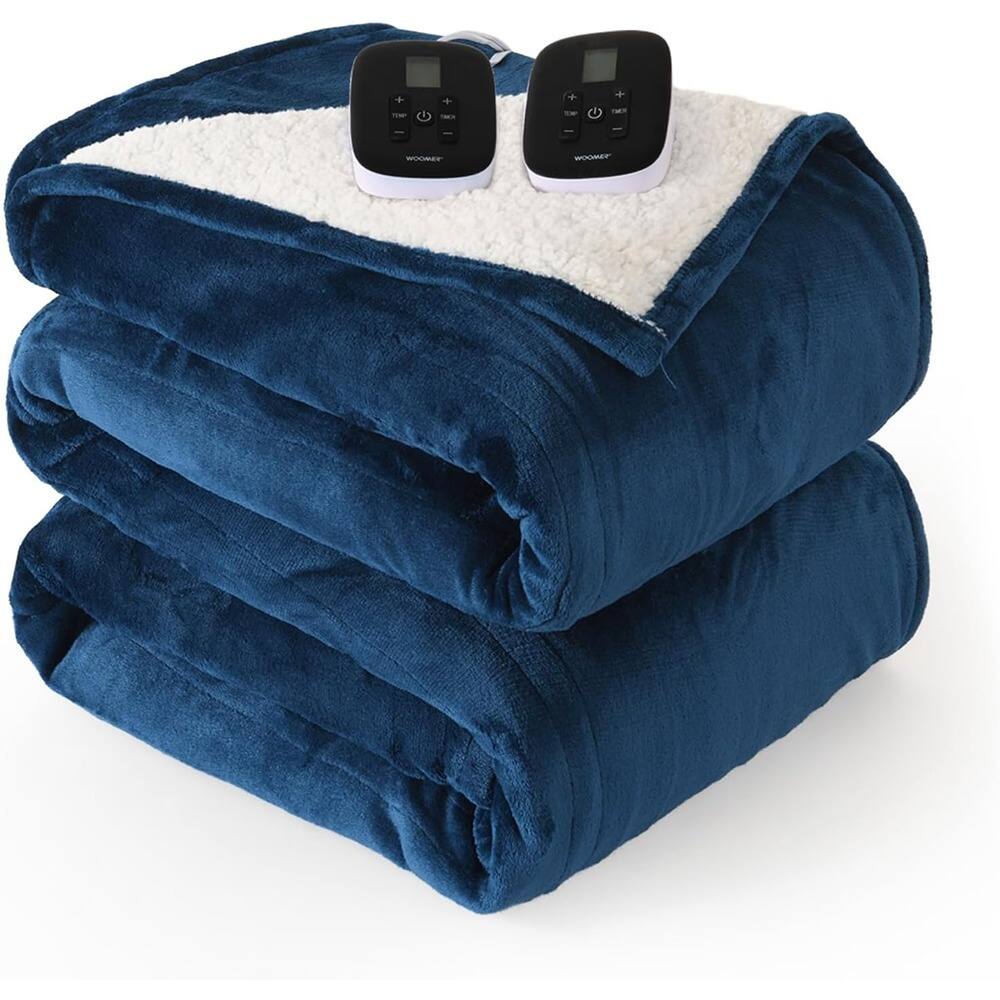 MOSZAR LLC - Electric Blanket Queen Size, 10 Heat Levels, Timer, Velvet & Sherpa, Navy - Navy Blue - Velvet & Sherpa