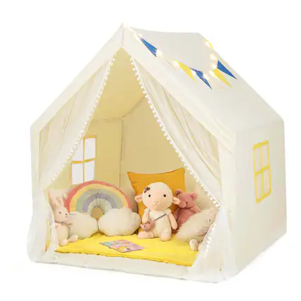 Front. Costway - Costway Large Play Tent Kids & Toddlers Playhouse with Washable Cotton Mat, Star Lights - Beige.