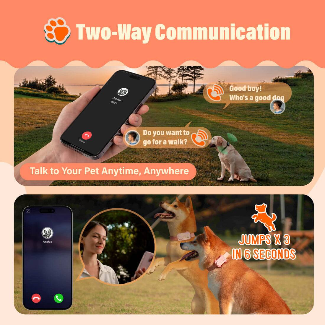 Two-Way Communication  
Good boy! Who's a good dog?  
Do you want to go for a walk?  
Talk to Your Pet Anytime, Anywhere  
Archie JUMPS X 3 IN 6 SECONDS