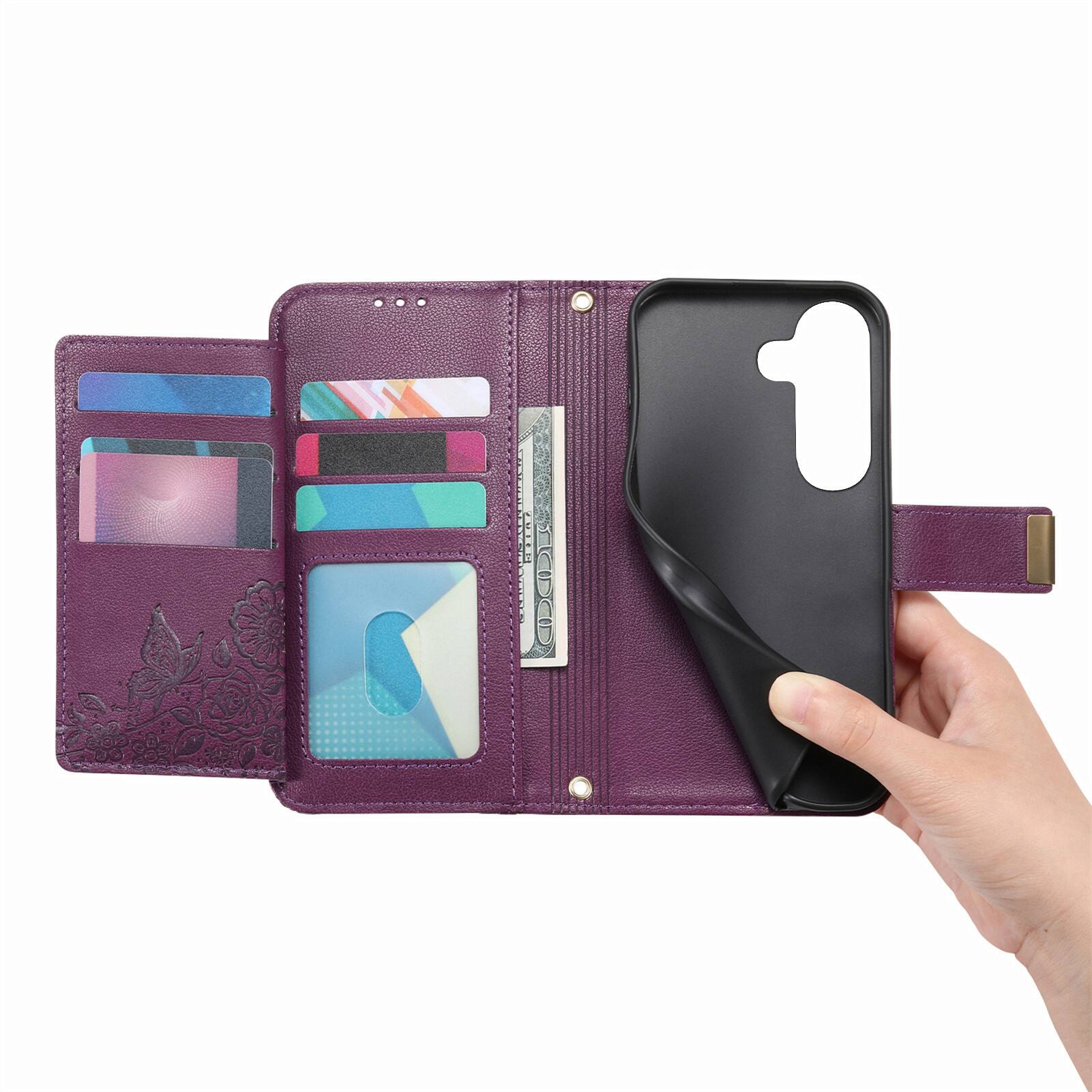 Alt View 10. UUCOVER - Floral PU Leather Wallet Case for Samsung Galaxy S26+ with Zipper Pocket, Cash Card Slot Holder, Shoulder & Wrist Strap - Purple.
