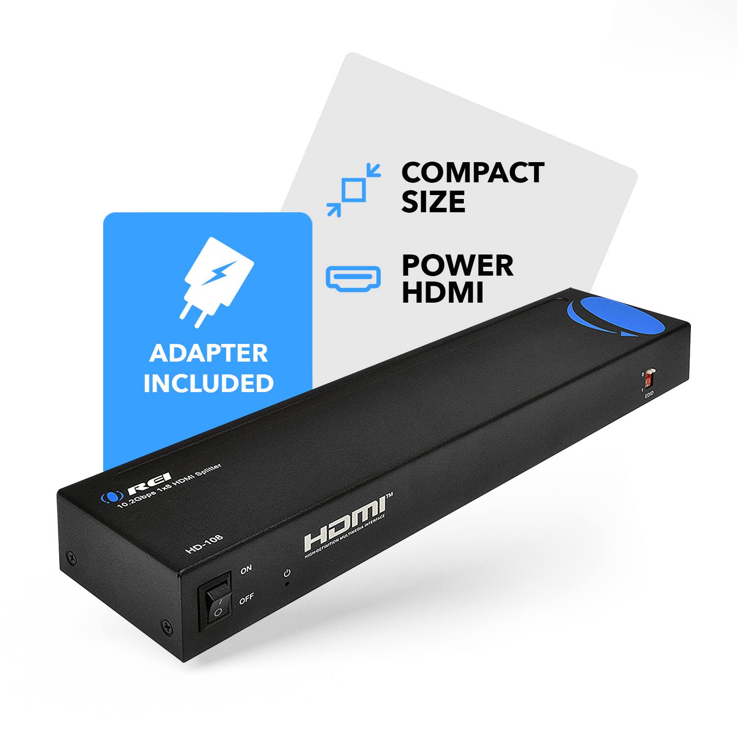 COMPACT SIZE, POWER HDMI, ADAPTER INCLUDED, RCI, THE HOW 1020lps HD-108 ON OFF, HDMI