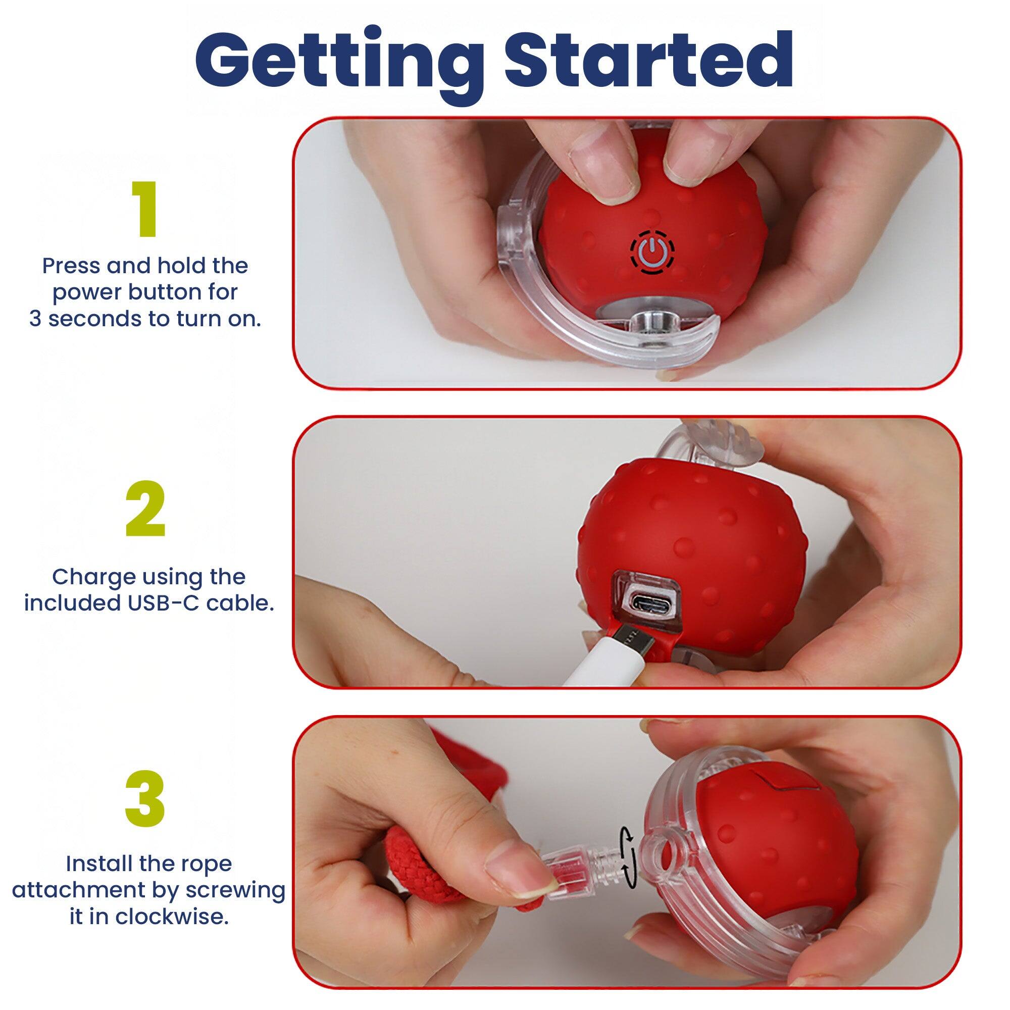 Getting Started
1. Press and hold the power button for 3 seconds to turn on.
2. Charge using the included USB-C cable.
3. Install the rope attachment by screwing it in clockwise.