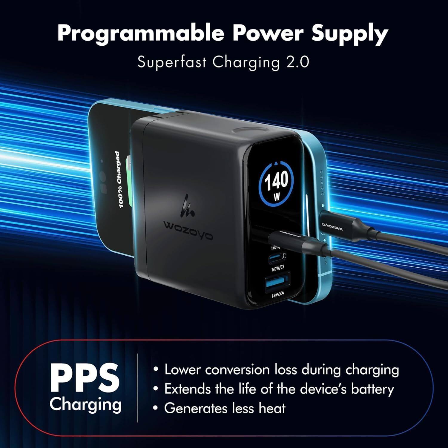 Programmable Power Supply Superfast Charging 2.0

Charged 100%

A wozoyo

140 W 140WJC2

MOSONO

18W/A

PPS Charging

Lower conversion loss during charging Extends the life of the device's battery Generates less heat