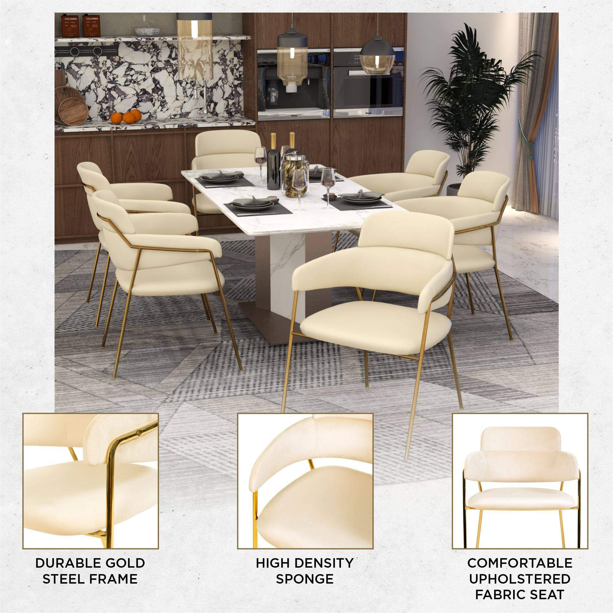 DURABLE GOLD STEEL FRAME  
HIGH DENSITY SPONGE  
COMFORTABLE UPHOLSTERED FABRIC SEAT