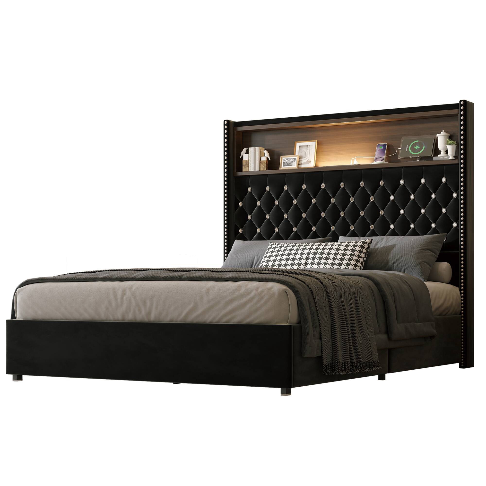 Alt View 6. GOODSILO - Luxurious Velvet Tufted Bed Frame with USB Port and Night Light, High Headboard Platform Bed - Black.
