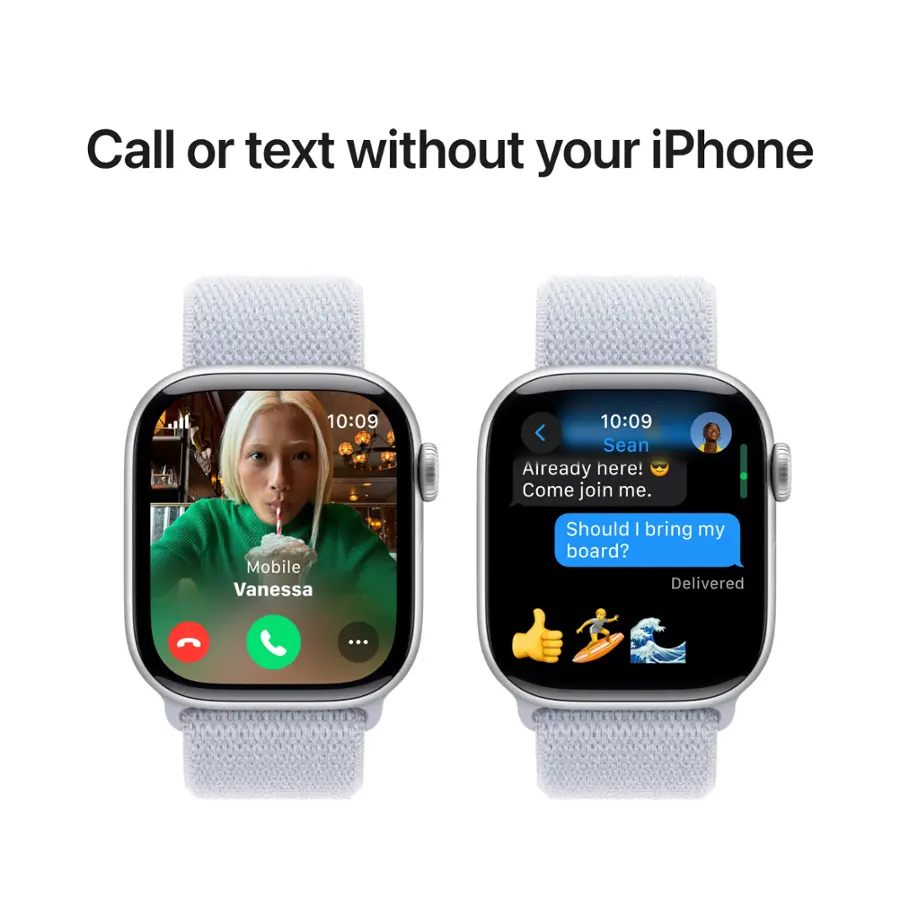 The text on the image reads: "Call or text without your iPhone 10:09 10:09 Sean Aiready here! Come join me. Mobile Vanessa ... Should I bring my board? Delivered."