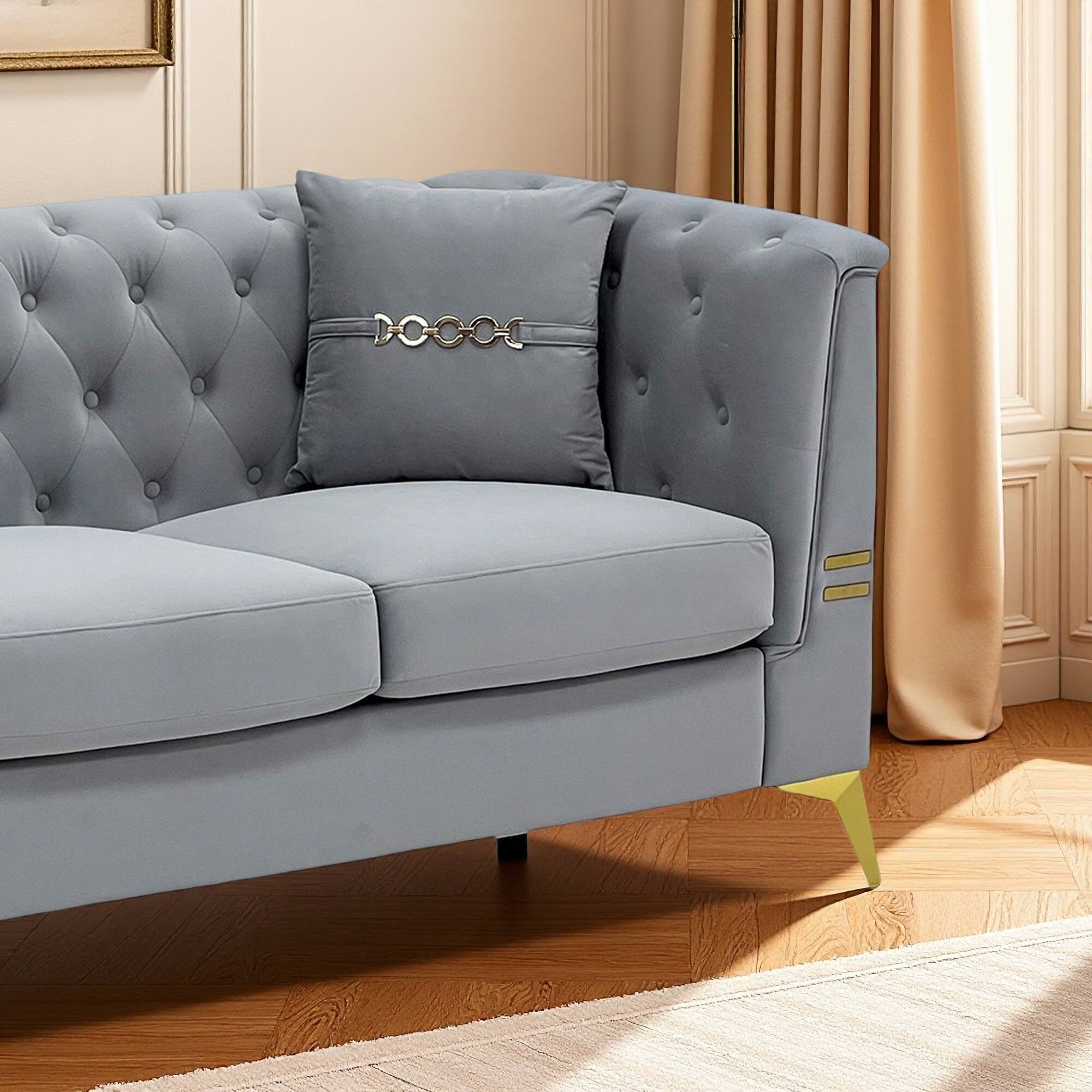 Alt View 1. Anysun - 82.7" Velvet 3-Seat Chesterfield Sofa with Gold Legs - Modern Tufted Design, Includes 2 Pillows. - Gray.