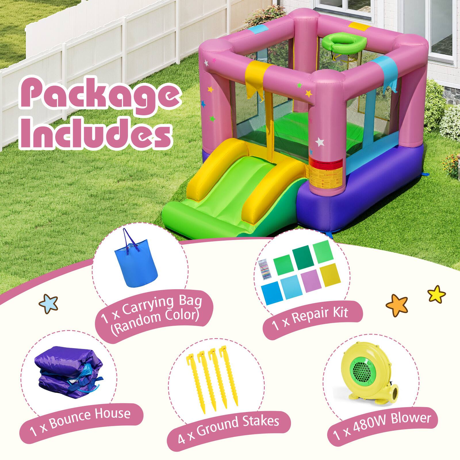 Package Includes

1 x Carrying Bag (Random Color)

1 x Bounce House

4 x Ground Stakes

1 x Repair Kit

1 x 480W Blower