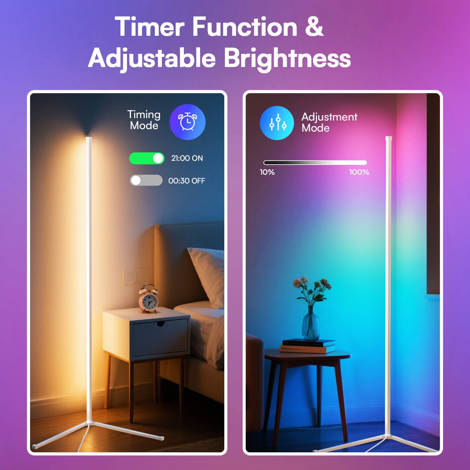 Timer Function & Adjustable Brightness

Timing Mode
21:00 ON
00:30 OFF

Adjustment Mode
10%
100%