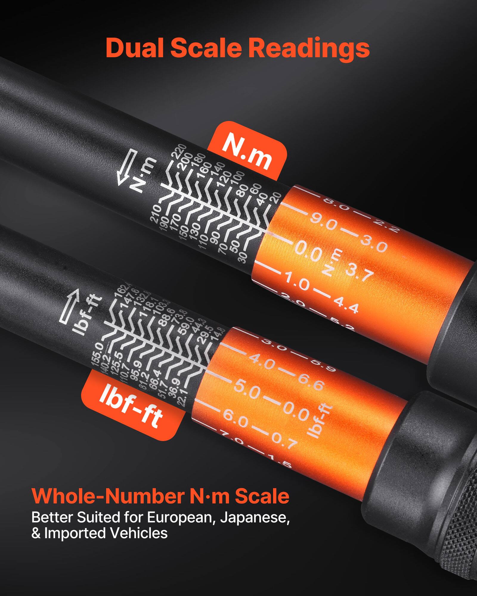 Dual Scale Readings

N.m
220 200 180 160 140
120 100 80 60 40 20

Ibf-ft
210 190 170 150 130
110 90 70 50 30 0

Whole-Number N.m Scale
Better Suited for European, Japanese, & Imported Vehicles