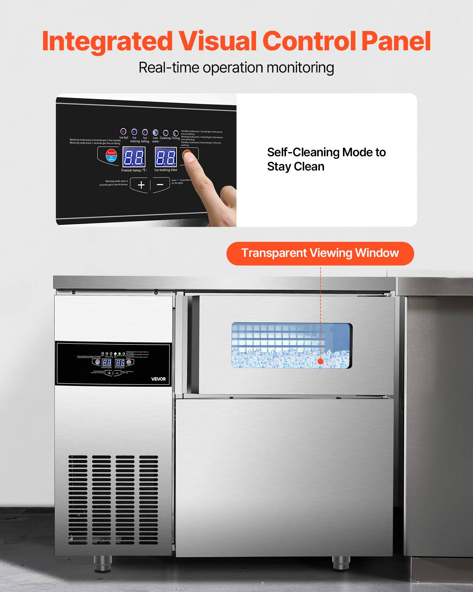 Integrated Visual Control Panel  
Real-time operation monitoring  

Self-Cleaning Mode to Stay Clean  

Transparent Viewing Window  

VEVOR