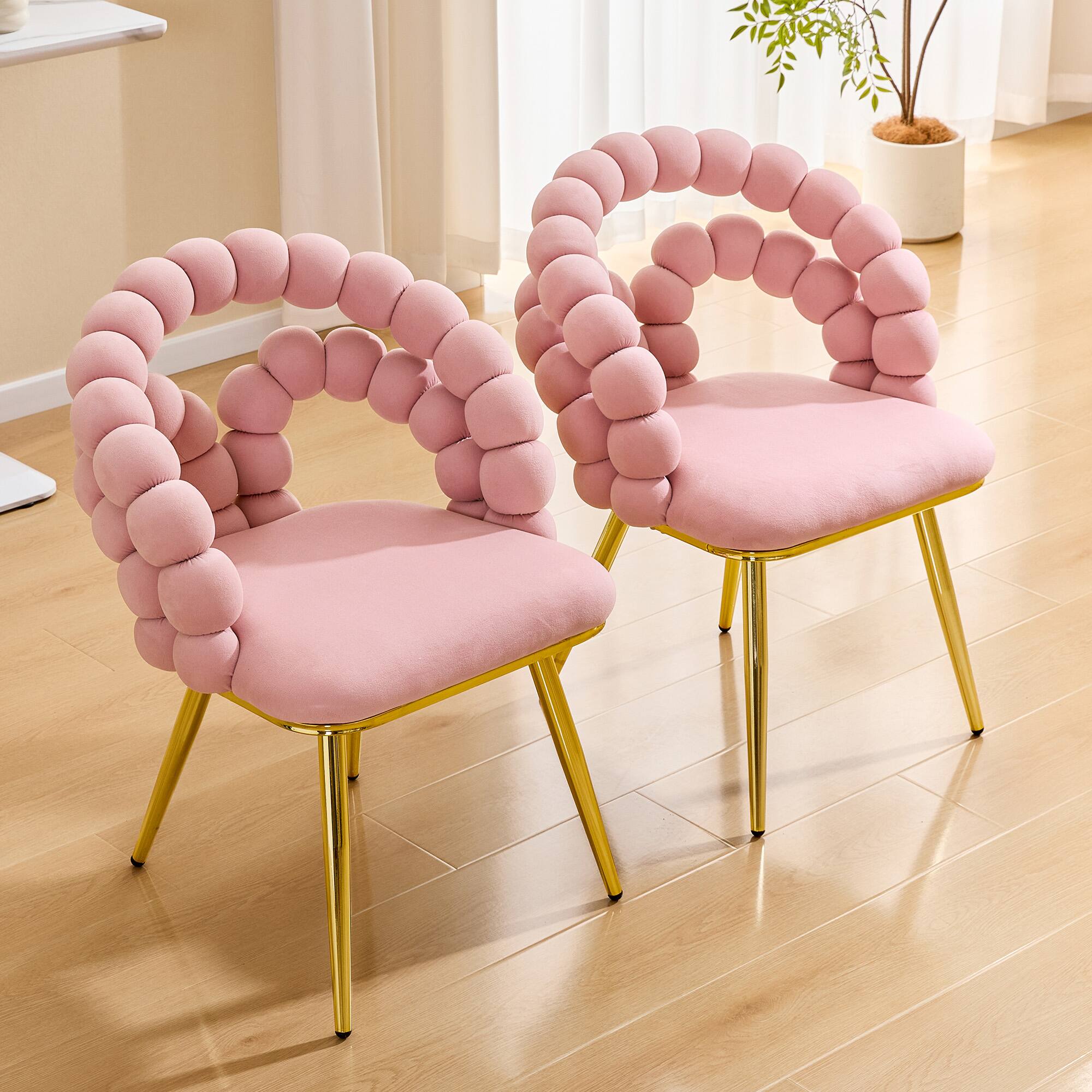 Angle. Loheer - Loheer Velvet Dining Chair Set of 2, Pink Bubble Back Accent Chair with Gold Metal Legs, 1.92 ft Wide Vanity Chair - Gold,Pink.