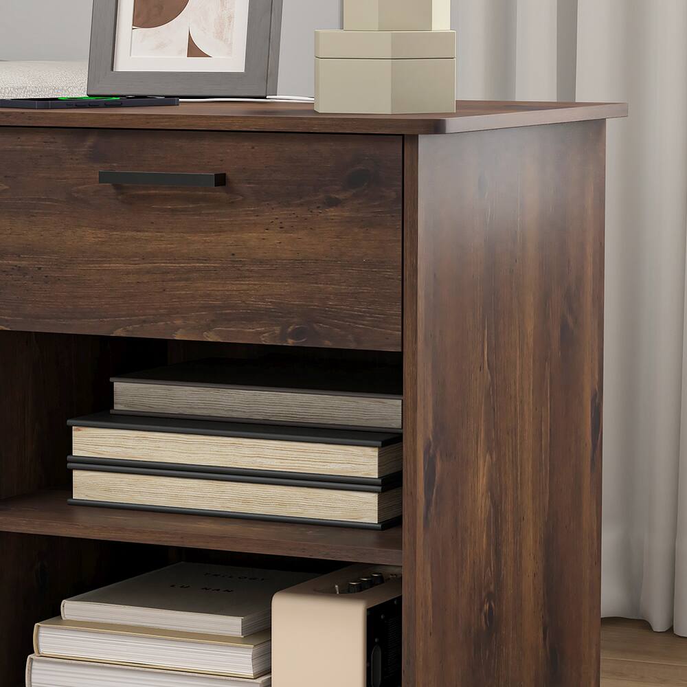 Alt View 4. Spaco - Nightstand with Charging Station,2 USB,Type C,Drawer,Adjustable Shelf - Brown.