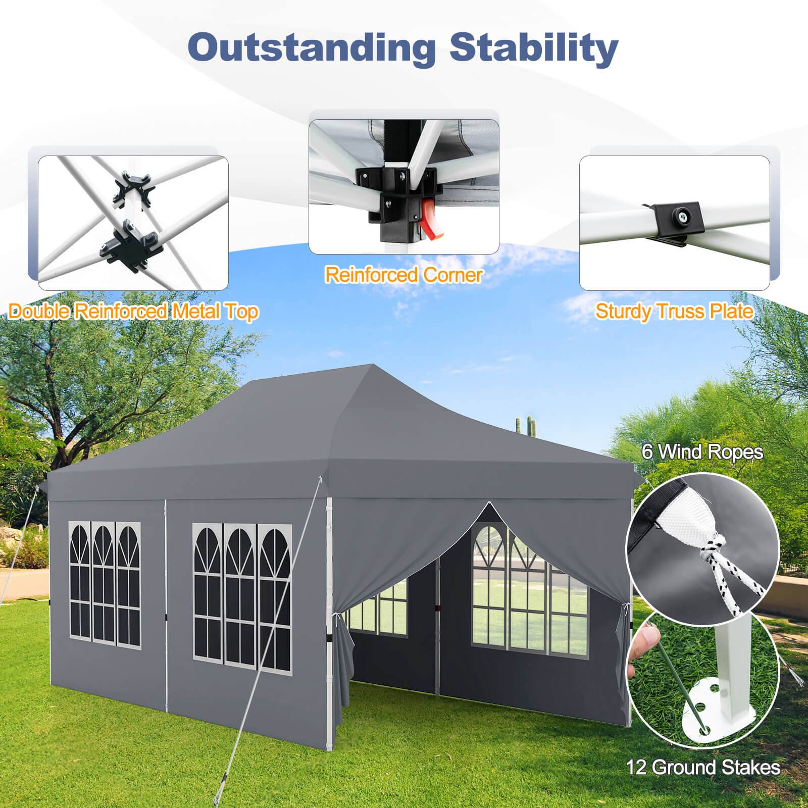 Outstanding Stability
Double Reinforced Metal Top
Reinforced Corner
Sturdy Truss Plate
6 Wind Ropes
12 Ground Stakes