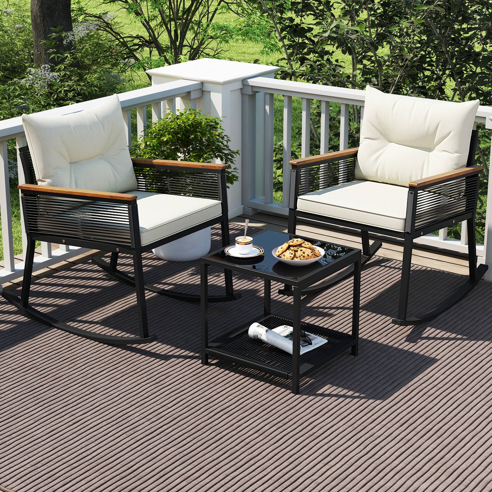 Alt View 3. Gymax - Gymax 3 PCS Patio Rocking Bistro Set Outside Wicker Rockers w/ 2-Tier Tempered Glass Coffee Table - Black, Beige.